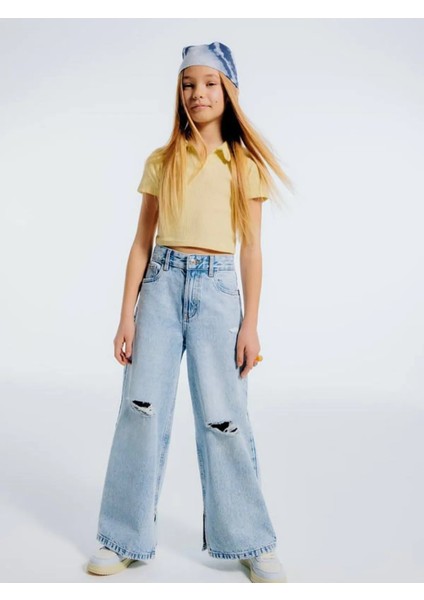 Kız Çocuk Yırtık Detaylı Wide Leg Pantalon