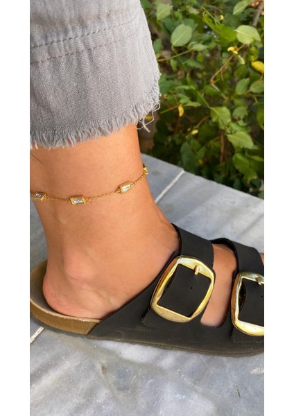 Kare 5 Taşlı Çelik Gold Halhal