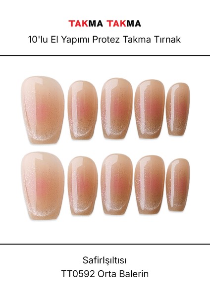 Safir Işıltısı - 10'lu Tekrar Kullanılabilir El Yapımı Protez Takma Tırnak M-Ten Rengi