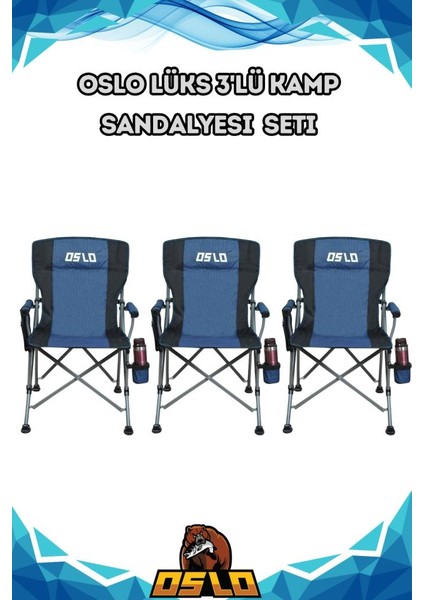 Lüks 3'lü Kamp Sandalye Seti Mavi