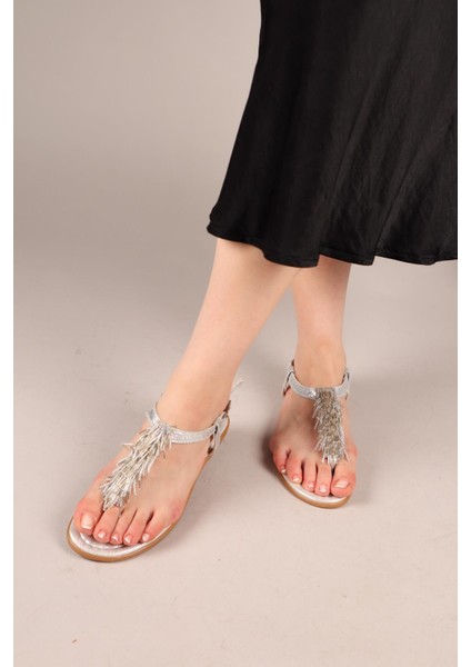 Floppy Sarkıt Boncuklu Parmak Arası Sandalet Gümüş