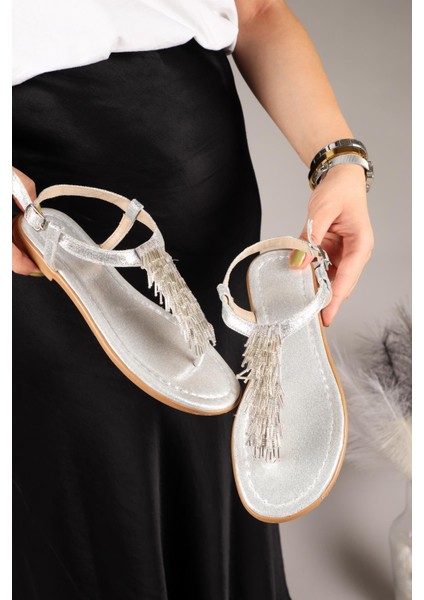 Floppy Sarkıt Boncuklu Parmak Arası Sandalet Gümüş
