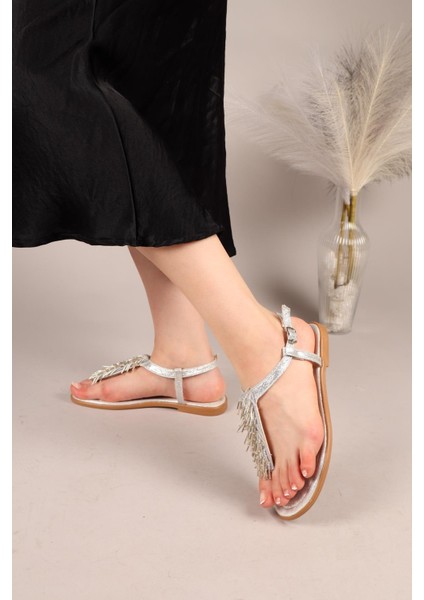 Floppy Sarkıt Boncuklu Parmak Arası Sandalet Gümüş