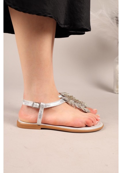 Floppy Sarkıt Boncuklu Parmak Arası Sandalet Gümüş