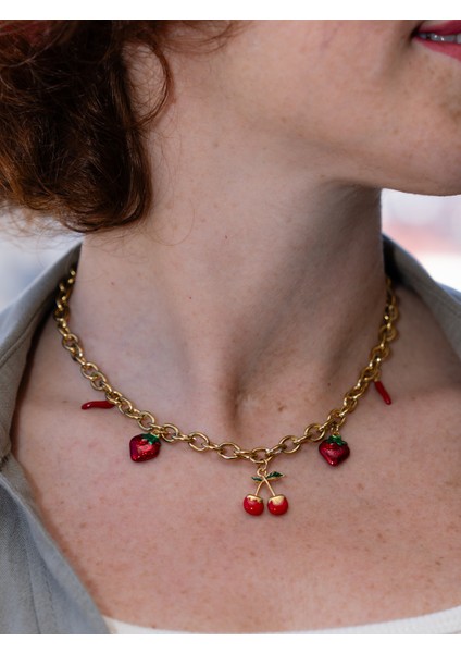 Ismeralda Kiraz Çilek Biber Charm Choker Çelik Kolye
