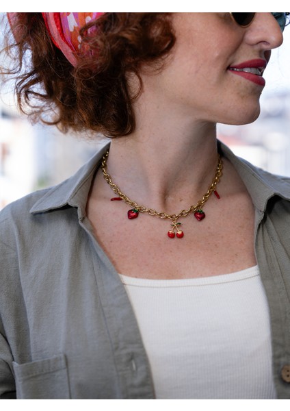 Ismeralda Kiraz Çilek Biber Charm Choker Çelik Kolye modelleri