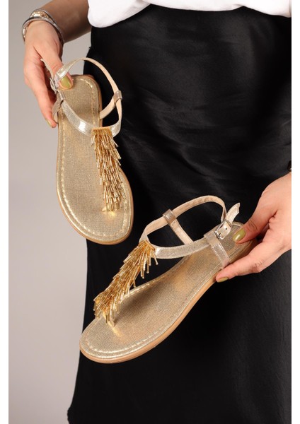Floppy Sarkıt Boncuklu Parmak Arası Sandalet Gold