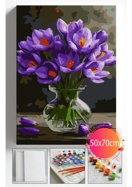 Sayılarla Boyama Seti Numaralı Tuval Fırça Boya Dahil Kasnaklı Set 50X70 cm - Morvazo Çiçekler