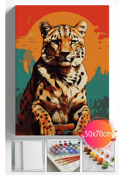 Sayılarla Boyama Seti Numaralı Tuval Fırça Boya Dahil Kasnaklı Set 50X70 cm -Oturan Leopar