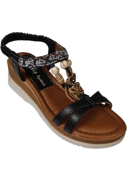 Yazkış Kadın Siyah Ten Üzeri Çapraz Bantlı Taşlı Bileği Lastikli 5cm Dolgu Rahat Taban Sandalet