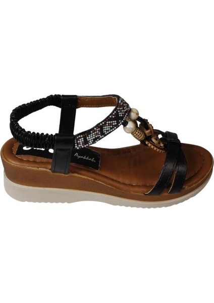 Yazkış Kadın Siyah Ten Üzeri Çapraz Bantlı Taşlı Bileği Lastikli 5cm Dolgu Rahat Taban Sandalet fiyatları