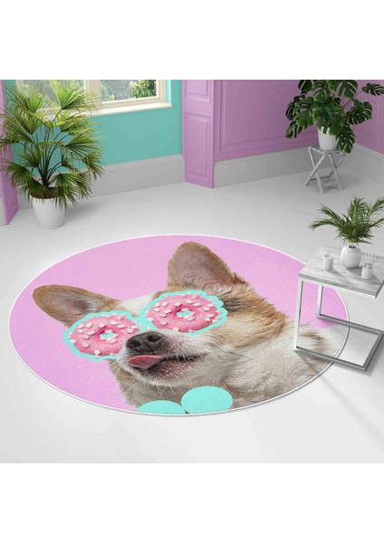 Yuvarlak Halı – Kaymaz Tabanlı, Yıkanabilir, Yumuşak Dokulu, Sevimli Desenler (Donut Dog)