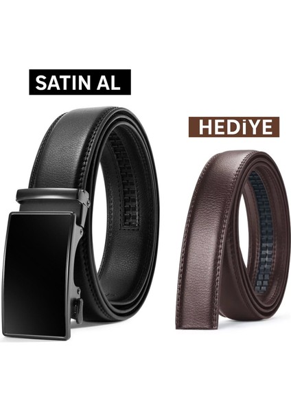 Otomatik Tokalı Deliksiz Siyah Kemer + Yedek Kahverengi Kemer Hediye