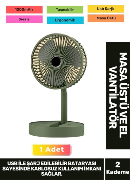 Kablosuz Sessiz USB Şarjlı 3 Kademeli Hafif 1200MAH Pervaneli Taşınabilir Masa El Fanı Vantilatör