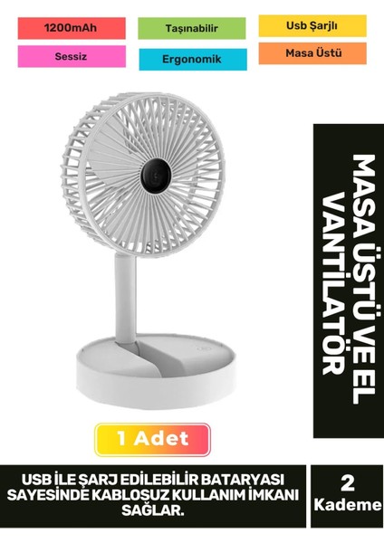 Kablosuz Sessiz USB Şarjlı 3 Kademeli Hafif 1200MAH Pervaneli Taşınabilir Masa El Fanı Vantilatör