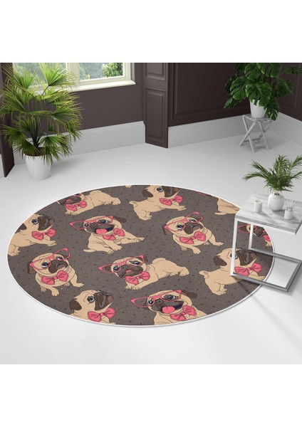 Yuvarlak Halı – Kaymaz Tabanlı, Yıkanabilir, Yumuşak Dokulu, Sevimli Desenler (Pug Style)