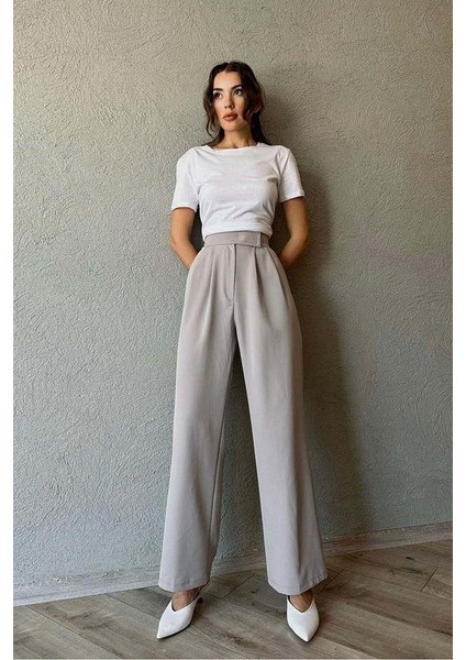 Beli Cırtcırtlı Likralı Krep Pantolon