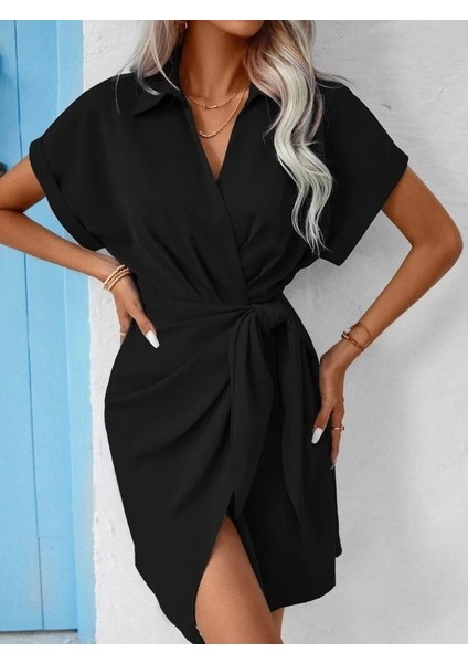 Kadın Kısa Kollu Yakalı Yandan Bağlamalı Dokuma Elbise fiyatları