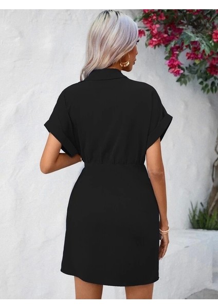 Kadın Kısa Kollu Yakalı Yandan Bağlamalı Dokuma Elbise indirimleri