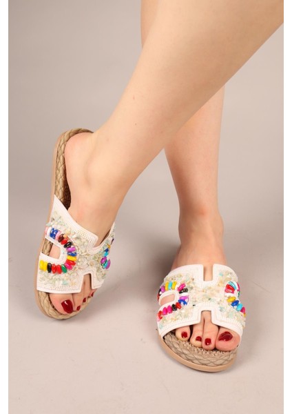 Isabella Boncuk ve Taş Aksesuarlı Terlik Beyaz indirimleri