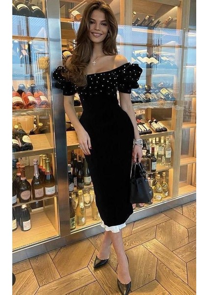 Kadın Madonna Yaka Etegi Astarlı Inci Detay Midi Boy Elbise