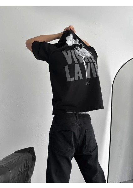 Baskılı Oversize Bisiklet Yaka T-Shirt - Siyah