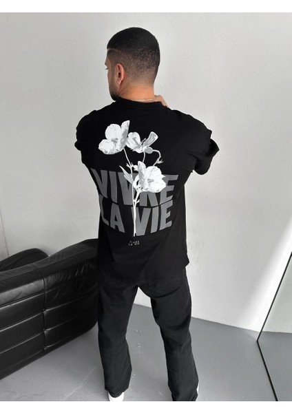 Baskılı Oversize Bisiklet Yaka T-Shirt - Siyah modelleri