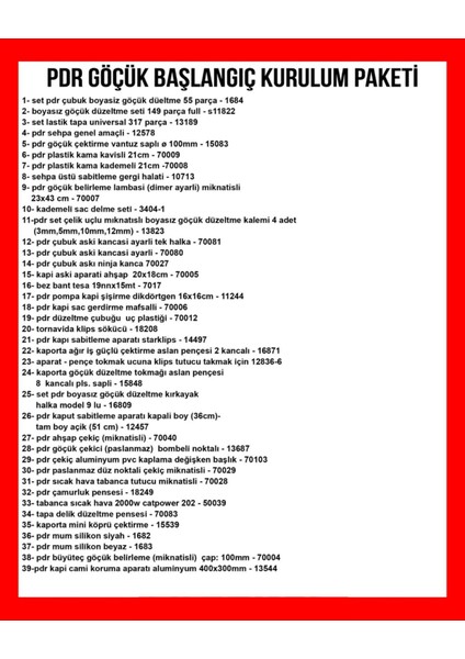 Boyasız Göçük Düzeltme Servis Kurulum Paketi | Profesyonel Silver Set | 39 Çeşit 553 Parça fiyatları