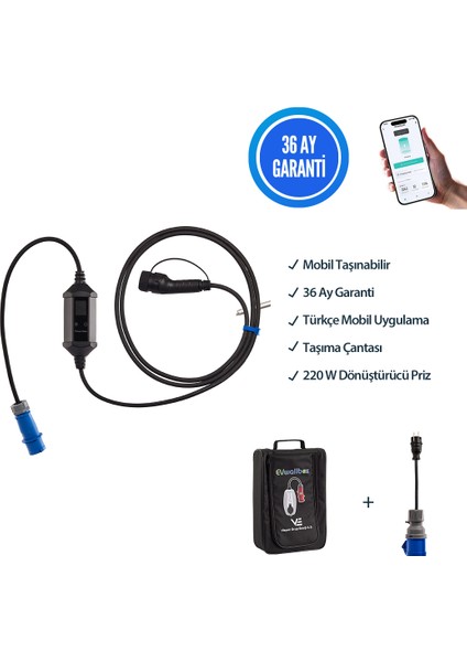 7,4 Kw Taşınabilir 5mt Tip2 Kablo + Wifi + Bluetooth + Mobil Uygulama + Taşıma Çantası + 220V Dönüştürücü (Siyah kasa)