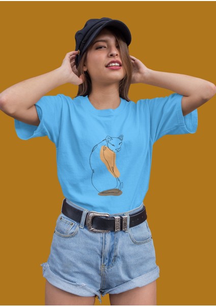 Kadın Minimal Aslan Transfer Baskılı Yuvarlak Yaka Kısa Kol Tişört