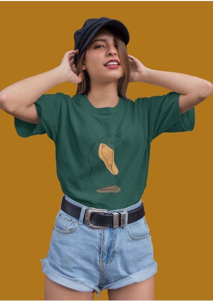 Kadın Minimal Aslan Transfer Baskılı Yuvarlak Yaka Kısa Kol Tişört