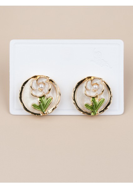 Oréllia Beyaz Çiçek Motifli Mineli Incili Vintage Sanat Küpe