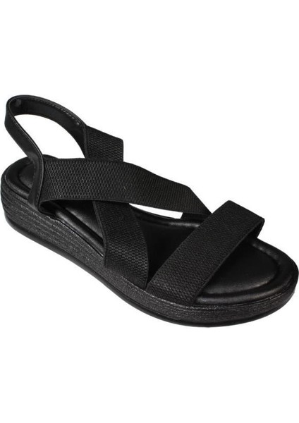 Yazkış Kadın Siyah Ten Çapraz Lastik Bantlı 4cm Rahat Taban Sandalet