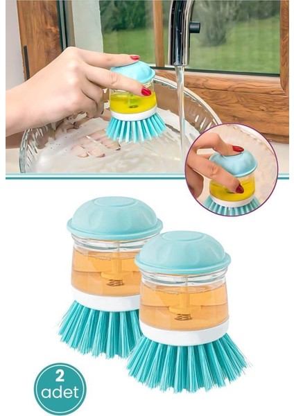 2 Adet Deterjan Hazneli Bulaşık Fırçası, Basmalı Mutfak Banyo Temizlik Yıkama Fırçası 2’li Set