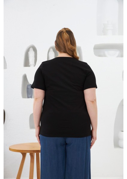 Taş Işlemeli Kiraz Desenli Büyük Beden Tişört Siyah fırsatları