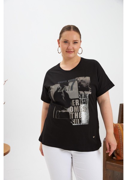 Büyük Beden 7/24 Baskılı Tişört Siyah