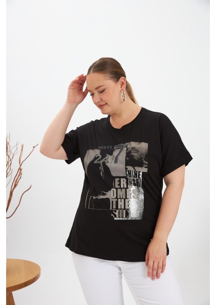 Büyük Beden 7/24 Baskılı Tişört Siyah fiyatları