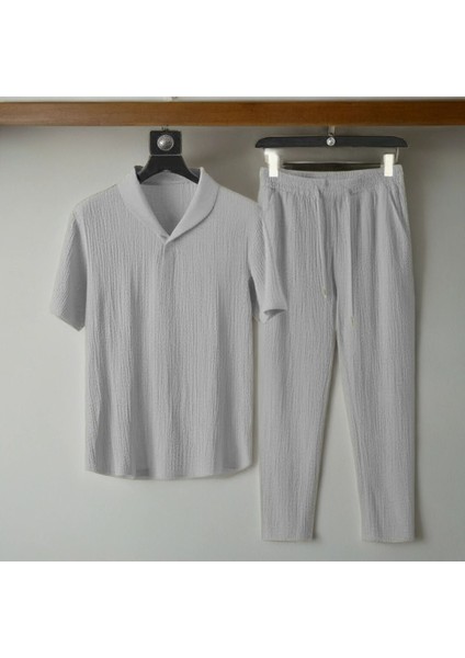 Alaçatı Stili Erkek Bürümcük Krinkıl Kumaş Yazlık Likralı Polo Yaka Tshirt ve Eşofman Takım Kombini