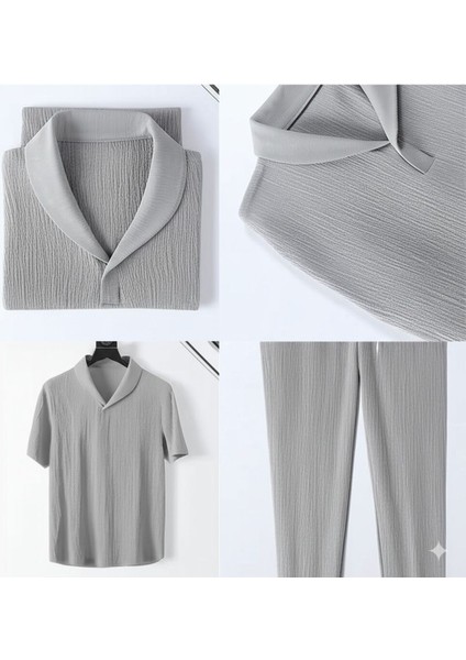 Alaçatı Stili Erkek Bürümcük Krinkıl Kumaş Yazlık Likralı Polo Yaka Tshirt ve Eşofman Takım Kombini fiyatları