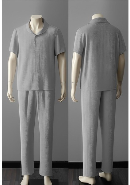 Alaçatı Stili Erkek Bürümcük Krinkıl Kumaş Yazlık Likralı Polo Yaka Tshirt ve Eşofman Takım Kombini fırsatları