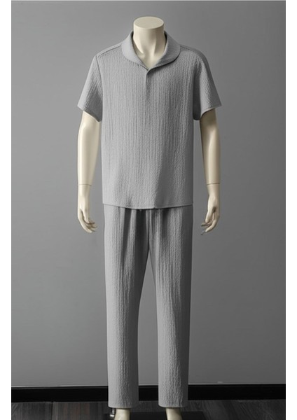 Alaçatı Stili Erkek Bürümcük Krinkıl Kumaş Yazlık Likralı Polo Yaka Tshirt ve Eşofman Takım Kombini indirimleri