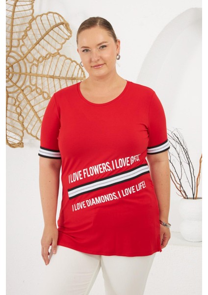 I Love Baskılı Büyük Beden Tişört Kırmızı