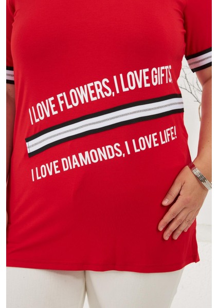 I Love Baskılı Büyük Beden Tişört Kırmızı fiyatları