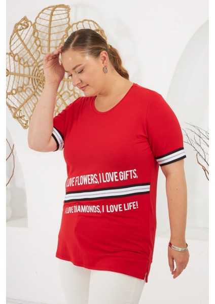 I Love Baskılı Büyük Beden Tişört Kırmızı modelleri