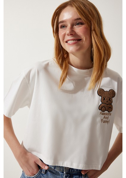Ayıcık Armalı Crop Örme T-Shirt LHF0036 Ekru fiyatları