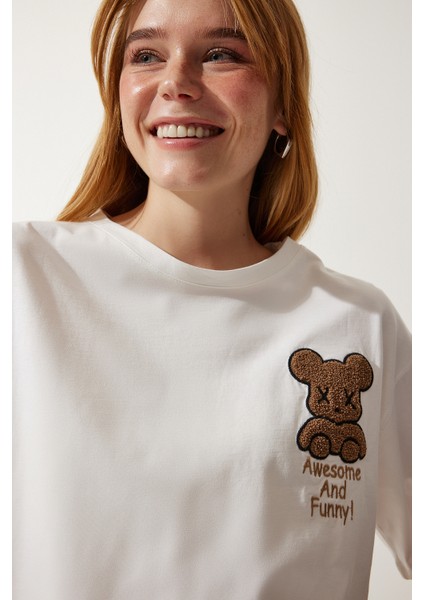 Ayıcık Armalı Crop Örme T-Shirt LHF0036 Ekru modelleri