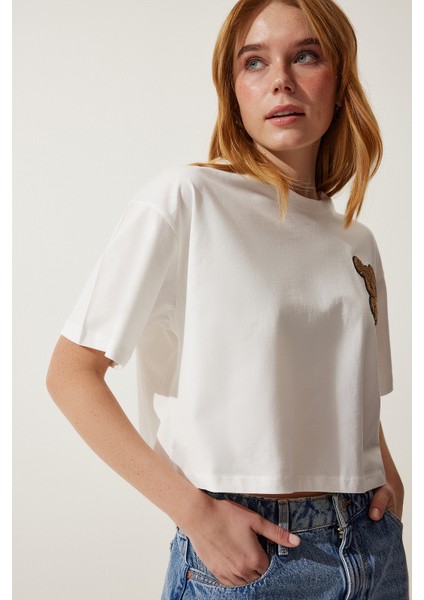 Ayıcık Armalı Crop Örme T-Shirt LHF0036 Ekru fırsatları