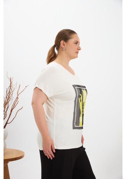 File Detaylı Büyük Beden Tişört Ekru fiyatları