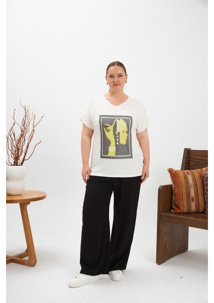 File Detaylı Büyük Beden Tişört Ekru indirimleri