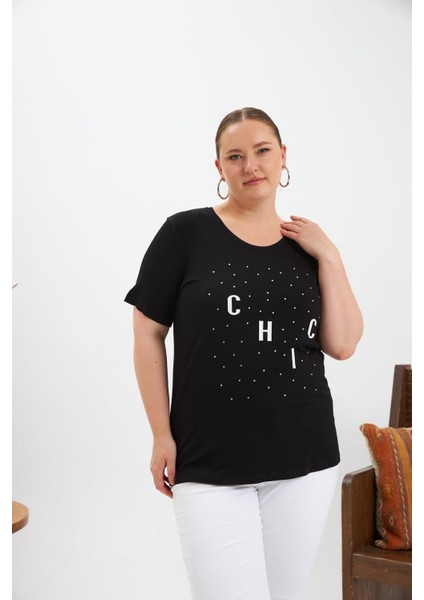Büyük Beden Taş Detay Baskılı Tişört Siyah